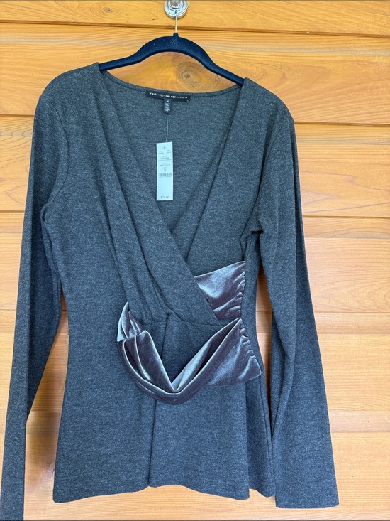 White House Black Market Tops - White House Black Market Charcoal Gray Wrap Blouse with Satin Accent